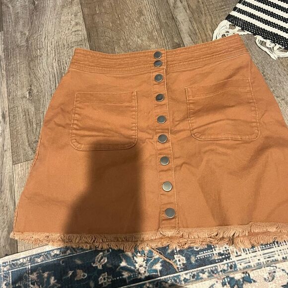 Madewell High Waist Snap Button Skirt Tan Denim Raw Hem Pockets Mini Pencil - Picture 13 of 15